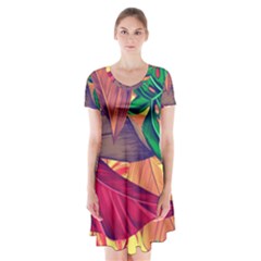 Monstera Tropical Design Beach Short Sleeve V-neck Flare Dress