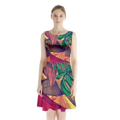 Monstera Tropical Design Beach Sleeveless Waist Tie Chiffon Dress