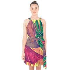 Monstera Tropical Design Beach Halter Collar Waist Tie Chiffon Dress