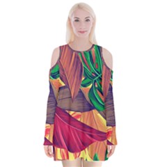 Monstera Tropical Design Beach Velvet Long Sleeve Shoulder Cutout Dress