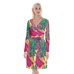 Monstera Tropical Design Beach Long Sleeve Velvet Front Wrap Dress