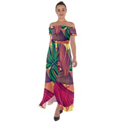 Monstera Tropical Design Beach Off Shoulder Open Front Chiffon Dress