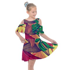 Monstera Tropical Design Beach Kids  Shoulder Cutout Chiffon Dress