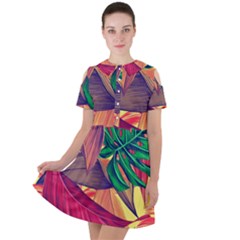 Monstera Tropical Design Beach Short Sleeve Shoulder Cut Out Dress 