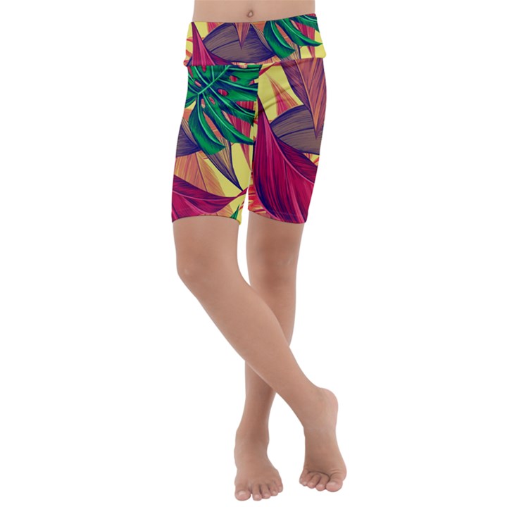 Monstera Tropical Design Beach Kids  Lightweight Velour Cropped Yoga Leggings