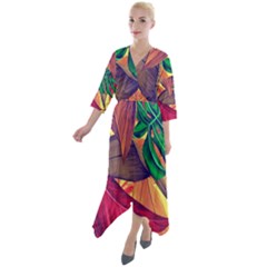 Monstera Tropical Design Beach Quarter Sleeve Wrap Front Maxi Dress