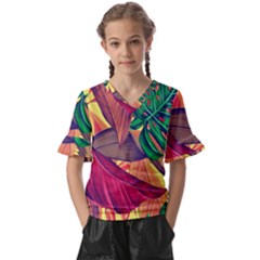 Monstera Tropical Design Beach Kids  V-neck Horn Sleeve Blouse