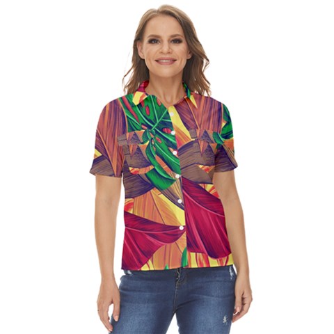 Monstera Tropical Design Beach Women s Short Sleeve Double Pocket Shirt by Jancukart