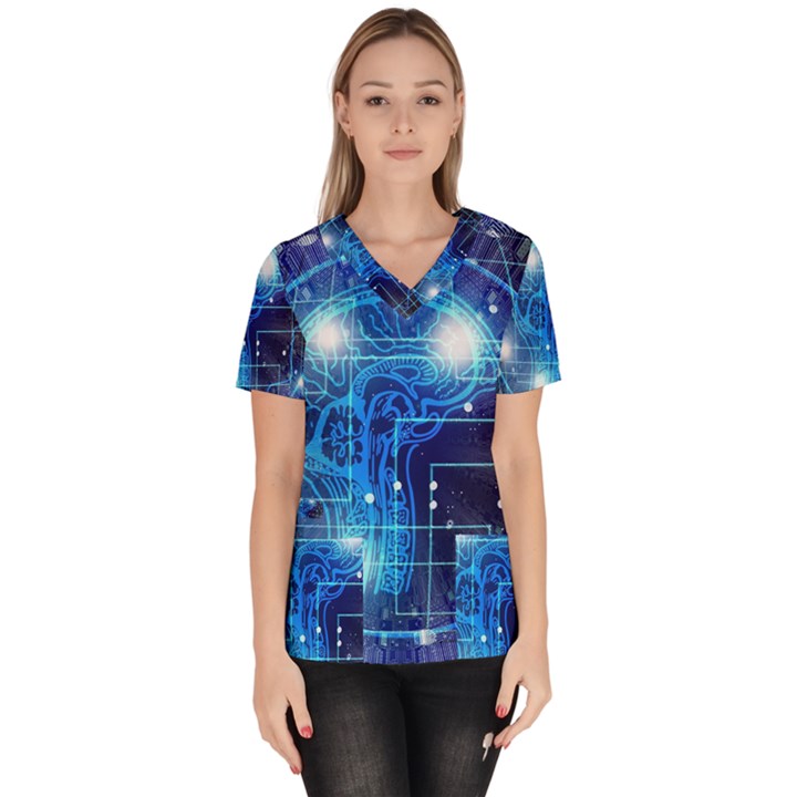 Artificial Intelligence Brain Think Art Women s V-Neck Scrub Top