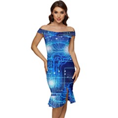 Artificial Intelligence Brain Think Art Off Shoulder Ruffle Split Hem Bodycon Dress