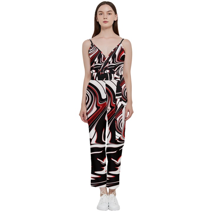 Modern Art Design Fantasy Surreal V-Neck Spaghetti Strap Tie Front Jumpsuit