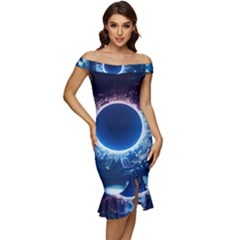 Artificial Intelligence Ai Off Shoulder Ruffle Split Hem Bodycon Dress