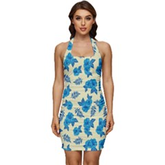 Rose Floral Seamless Pattern Sleeveless Wide Square Neckline Ruched Bodycon Dress