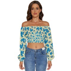 Rose Floral Seamless Pattern Long Sleeve Crinkled Weave Crop Top