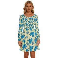 Rose Floral Seamless Pattern Long Sleeve Wide Neck Velour Dress