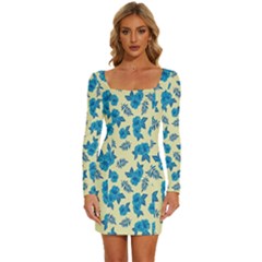 Rose Floral Seamless Pattern Long Sleeve Square Neck Bodycon Velour Dress by Ravend