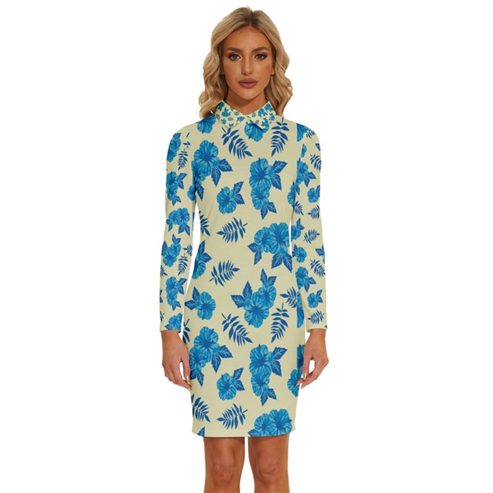 Rose Floral Seamless Pattern Long Sleeve Shirt Collar Bodycon Dress