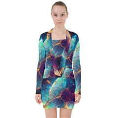 Abstract Galactic Wallpaper V-neck Bodycon Long Sleeve Dress by Ravend