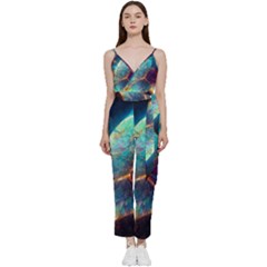 Abstract Galactic Wallpaper V-neck Spaghetti Strap Tie Front Jumpsuit