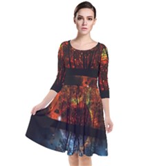 Space Nature Fantasy Trees Quarter Sleeve Waist Band Dress by Ravend