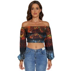 Space Nature Fantasy Trees Long Sleeve Crinkled Weave Crop Top