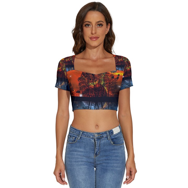 Space Nature Fantasy Trees Short Sleeve Square Neckline Crop Top 