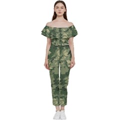 Green Leaves Camouflage Off Shoulder Ruffle Top Jumpsuit