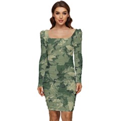 Green Leaves Camouflage Women Long Sleeve Ruched Stretch Jersey Dress by Ravend