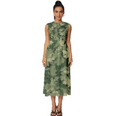 Green Leaves Camouflage Sleeveless Round Neck Midi Dress