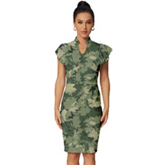 Green Leaves Camouflage Vintage Frill Sleeve V-neck Bodycon Dress