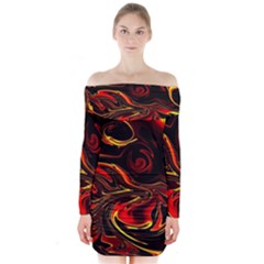 Modern Art Design Fantasy Surreal Orange Long Sleeve Off Shoulder Dress by Ravend