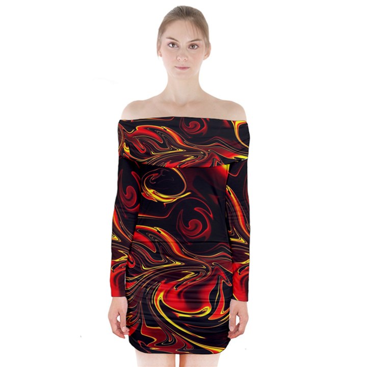 Modern Art Design Fantasy Surreal Orange Long Sleeve Off Shoulder Dress