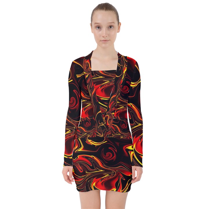 Modern Art Design Fantasy Surreal Orange V-neck Bodycon Long Sleeve Dress