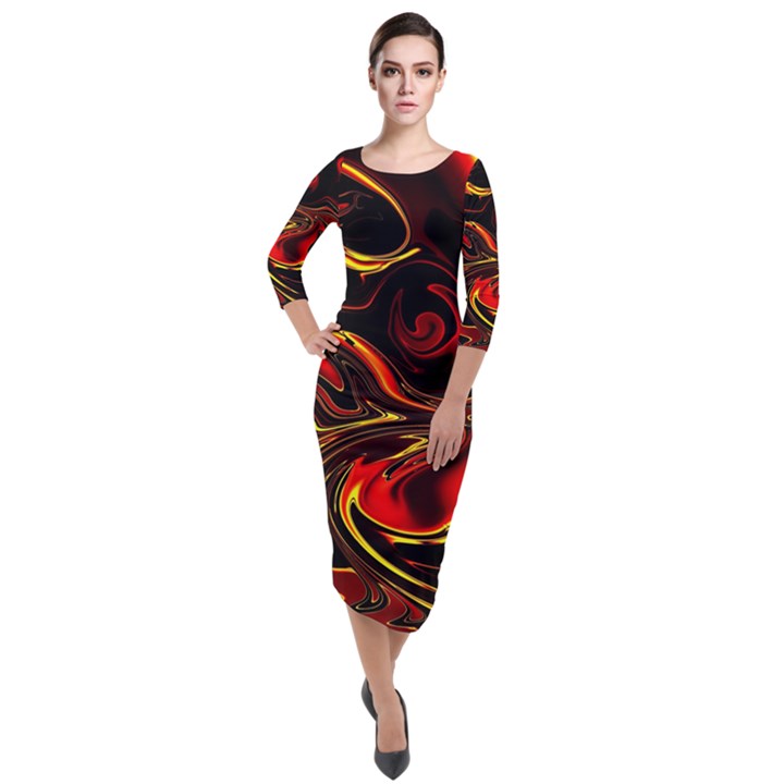 Modern Art Design Fantasy Surreal Orange Quarter Sleeve Midi Velour Bodycon Dress