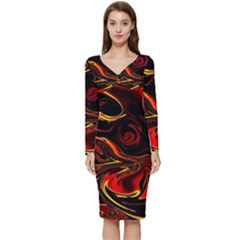 Modern Art Design Fantasy Surreal Orange Long Sleeve V-neck Bodycon Dress  by Ravend