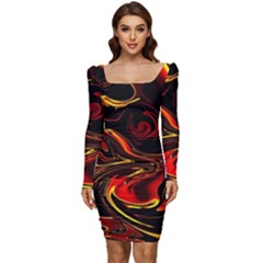 Modern Art Design Fantasy Surreal Orange Women Long Sleeve Ruched Stretch Jersey Dress by Ravend