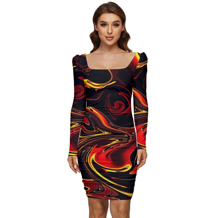 Modern Art Design Fantasy Surreal Orange Women Long Sleeve Ruched Stretch Jersey Dress