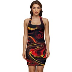 Modern Art Design Fantasy Surreal Orange Sleeveless Wide Square Neckline Ruched Bodycon Dress by Ravend