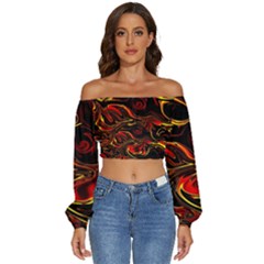 Modern Art Design Fantasy Surreal Orange Long Sleeve Crinkled Weave Crop Top