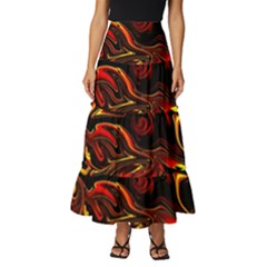 Modern Art Design Fantasy Surreal Orange Tiered Ruffle Maxi Skirt