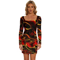 Modern Art Design Fantasy Surreal Orange Long Sleeve Square Neck Bodycon Velour Dress by Ravend