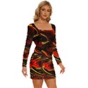 Modern Art Design Fantasy Surreal Orange Long Sleeve Square Neck Bodycon Velour Dress View3