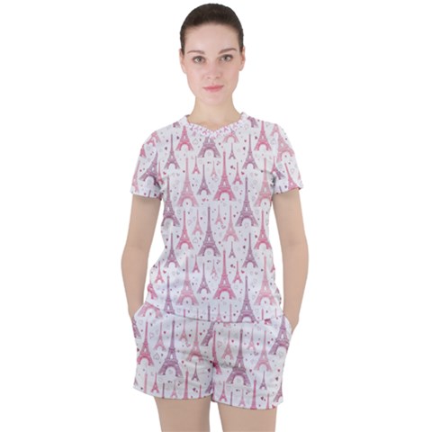 Eiffel Tower Pattern Wallpaper Women s Tee And Shorts Set by Ravend