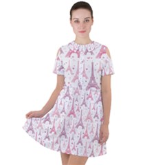 Eiffel Tower Pattern Wallpaper Short Sleeve Shoulder Cut Out Dress  by Ravend