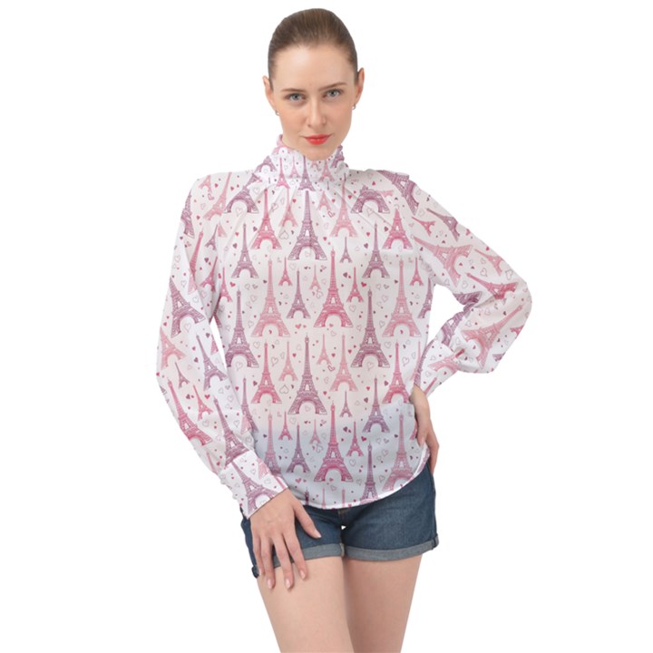 Eiffel Tower Pattern Wallpaper High Neck Long Sleeve Chiffon Top