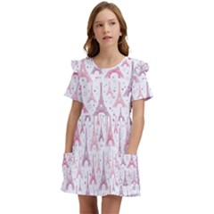 Eiffel Tower Pattern Wallpaper Kids  Frilly Sleeves Pocket Dress by Ravend