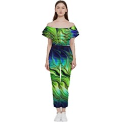 Fractal Art Pattern Abstract Off Shoulder Ruffle Top Jumpsuit