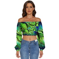 Fractal Art Pattern Abstract Long Sleeve Crinkled Weave Crop Top