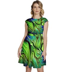 Fractal Art Pattern Abstract Cap Sleeve High Waist Dress