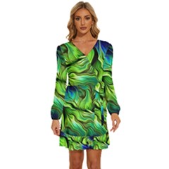 Fractal Art Pattern Abstract Long Sleeve Waist Tie Ruffle Velour Dress